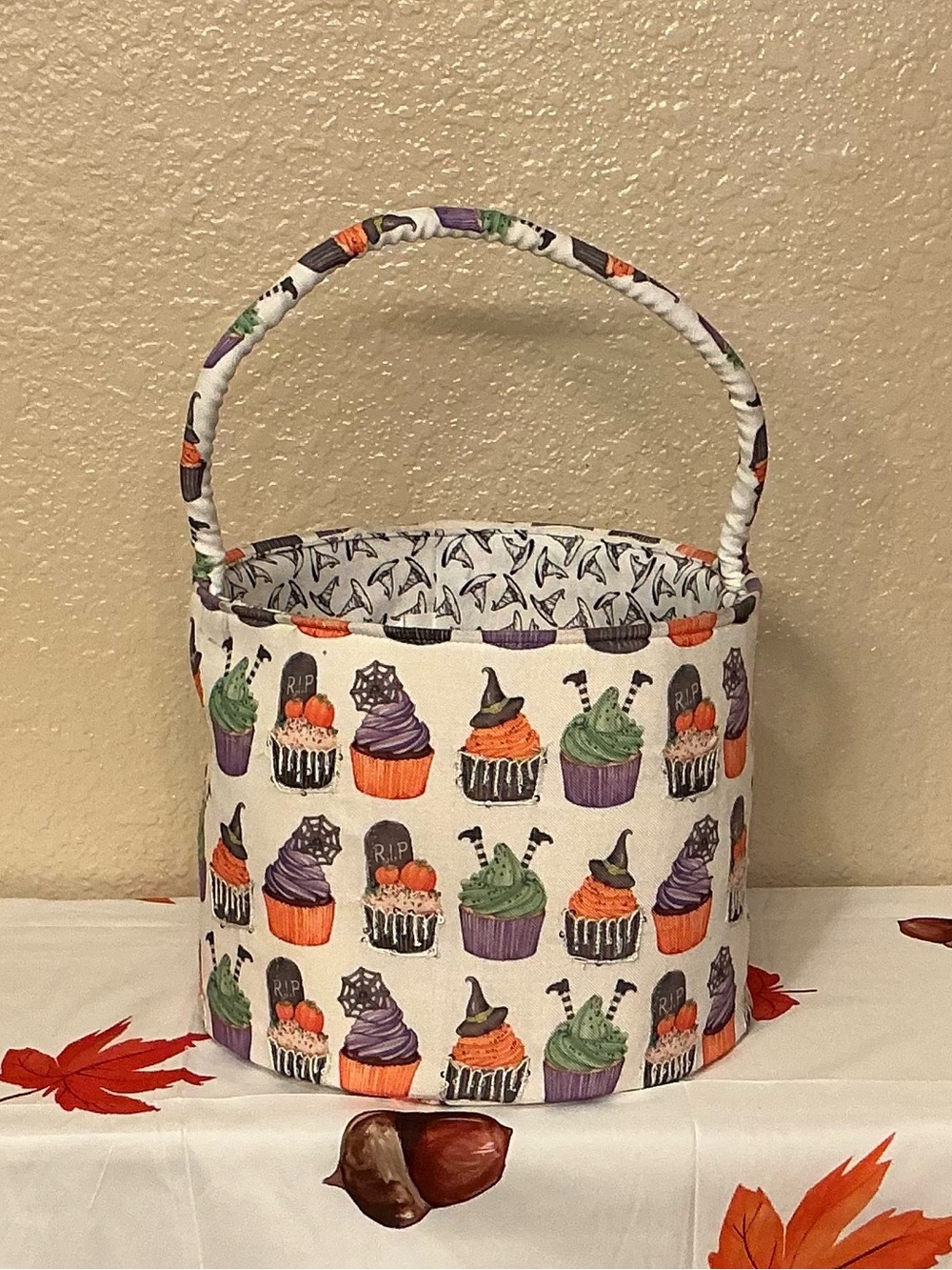 Halloween Witchy Cupcake Fabric Basket - Orange, Purple, Green